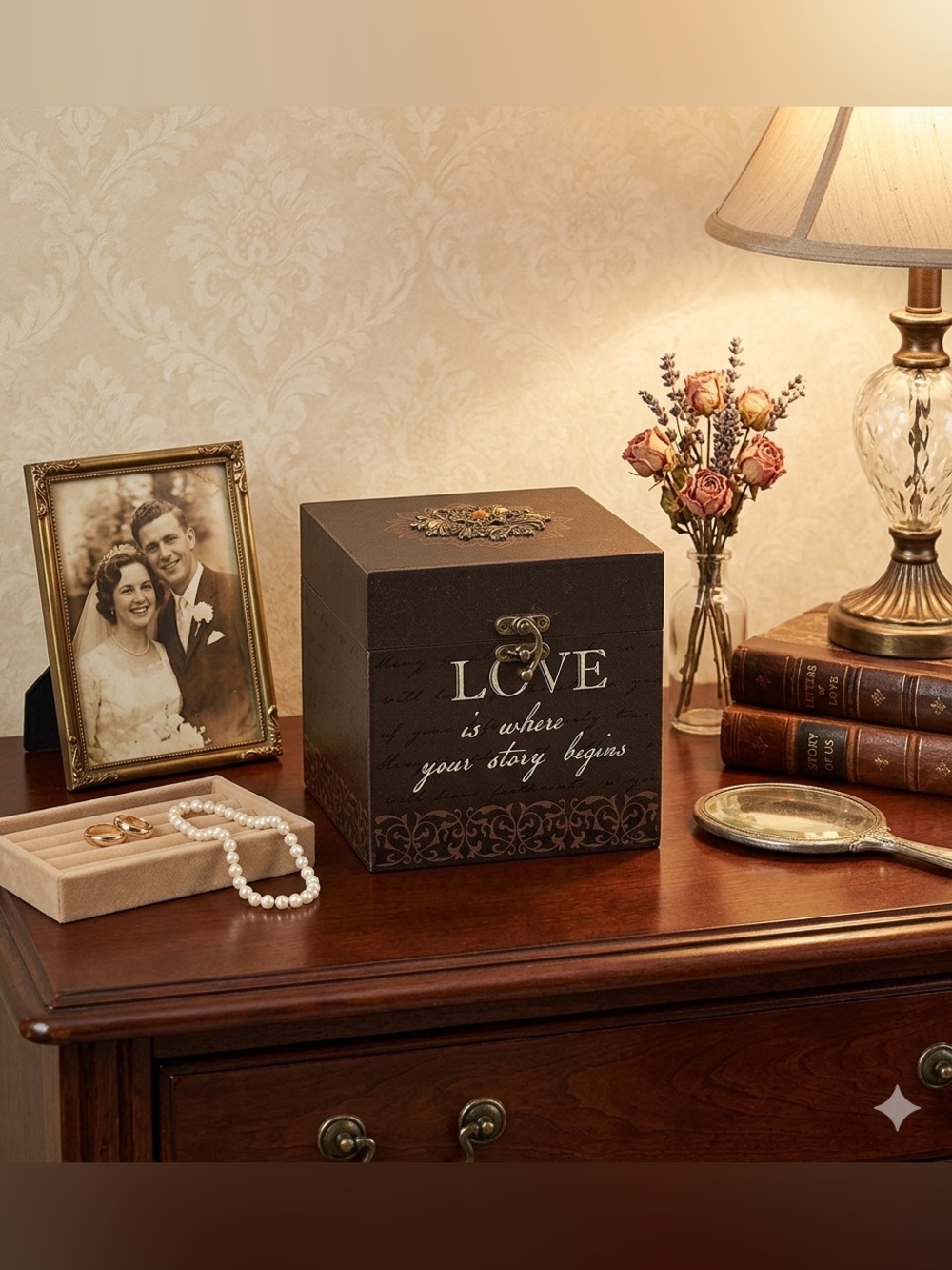 Wooden recipe box with the text "LOVE is where your story begins" on the front